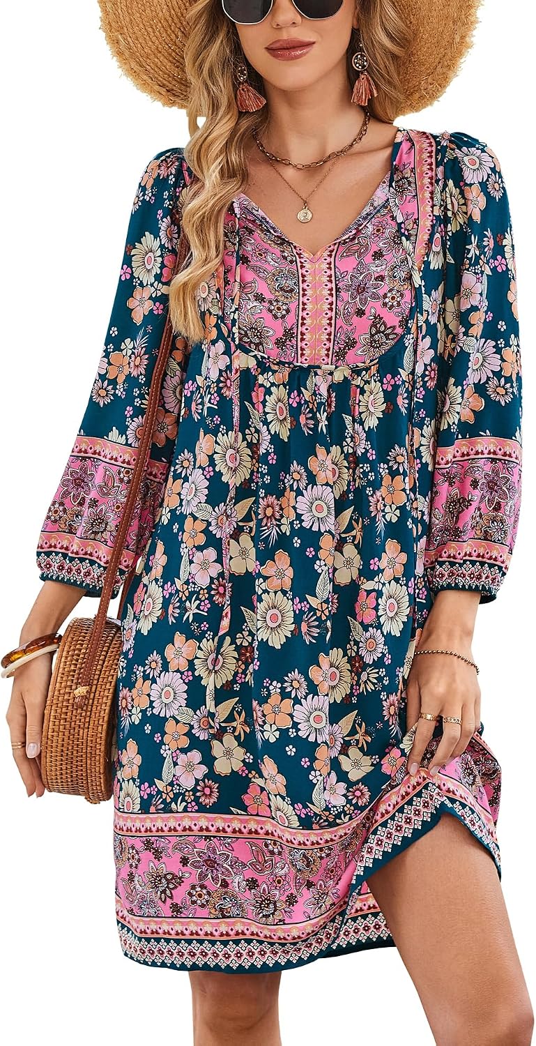 Bluetime Women 3\/4 Sleeve Summer Babydoll Dress | V Neck, Knee Length, Casual Floral Flowy Dress, Outfits for Vacation, Beach, Cocktail, Party, Wedding, Date