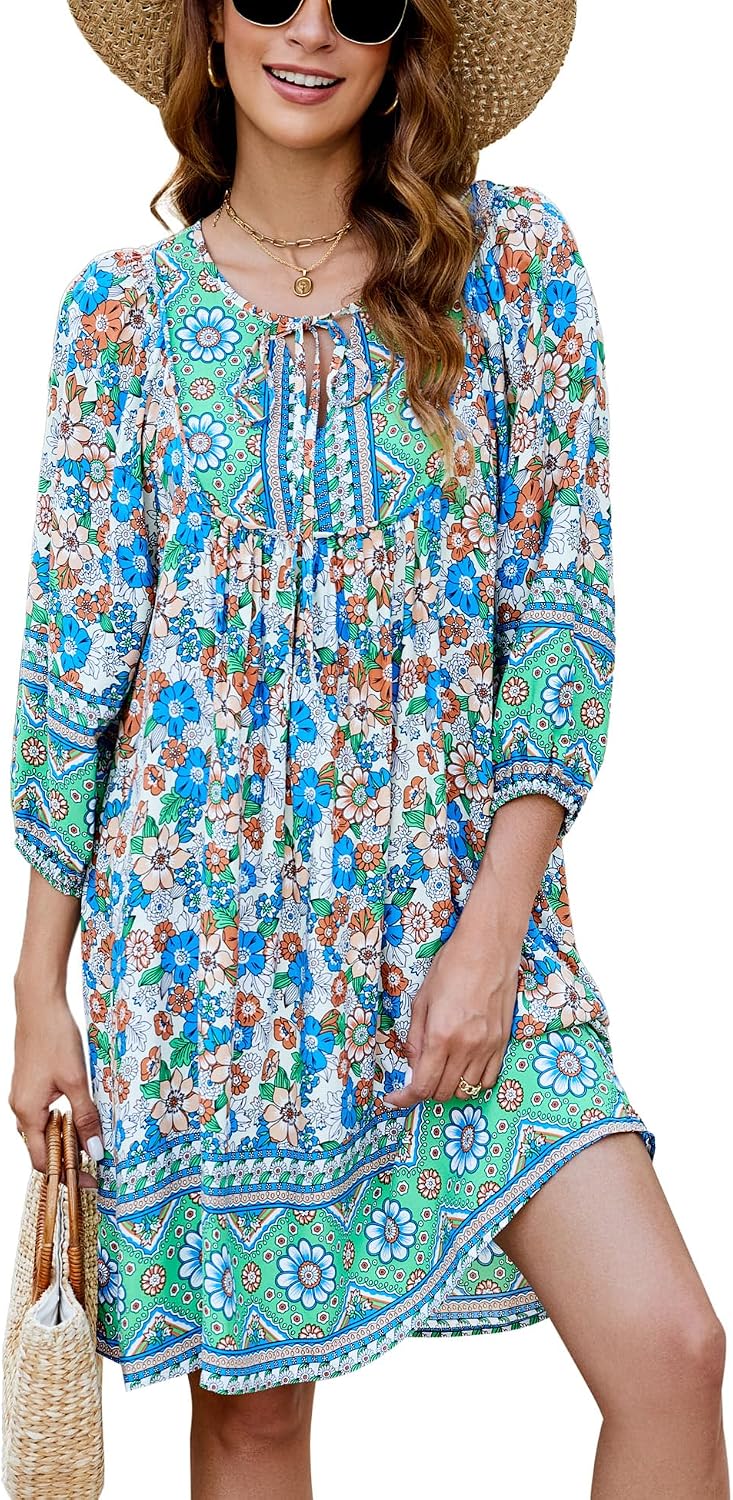 Bluetime Women 3\/4 Sleeve Summer Babydoll Dress | V Neck, Knee Length, Casual Floral Flowy Dress, Outfits for Vacation, Beach, Cocktail, Party, Wedding, Date