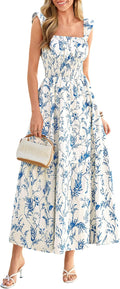 PRETTYGARDEN Women Boho Floral Maxi Sundresses | Square Neck A Line, Ruffle Straps, Smocked Pocket Dress, Flowy Spring Summer Outfit for Wedding Guest, Beach Vacation, Party