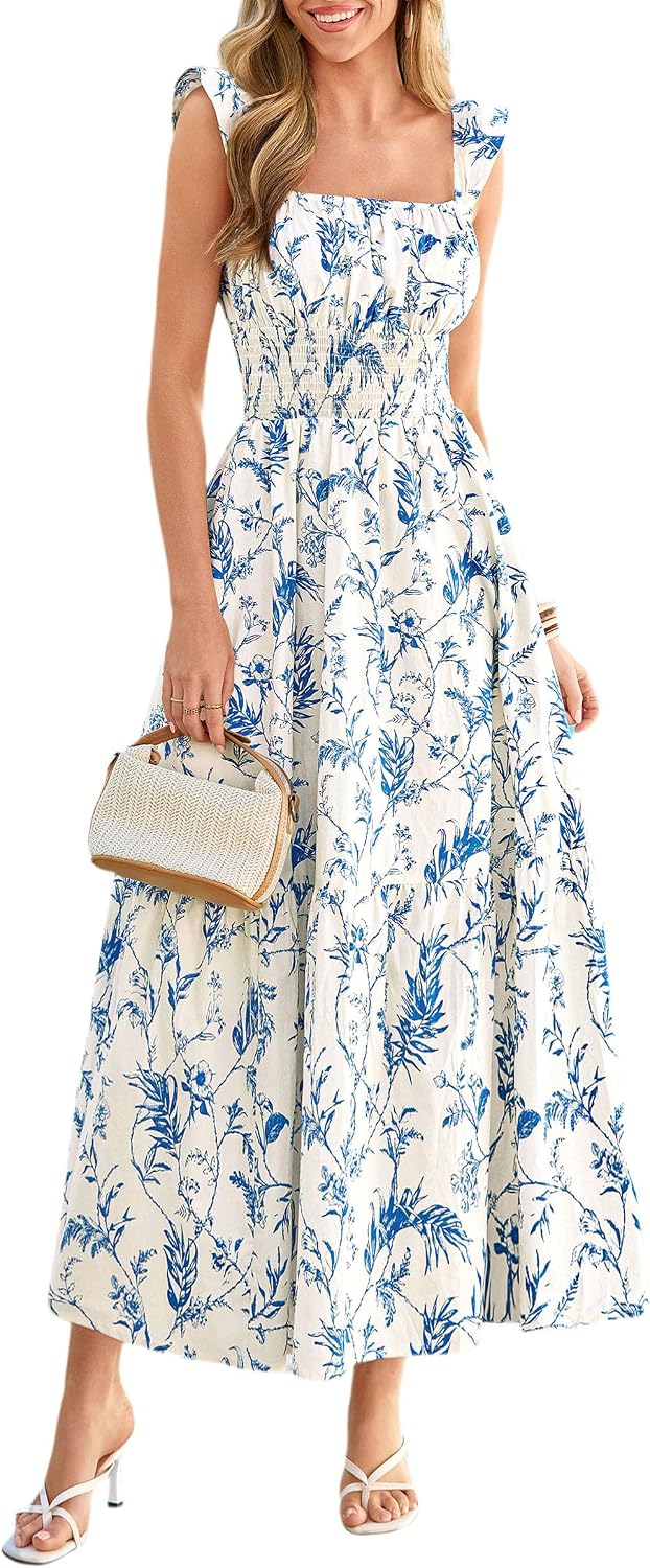 PRETTYGARDEN Women Boho Floral Maxi Sundresses | Square Neck A Line, Ruffle Straps, Smocked Pocket Dress, Flowy Spring Summer Outfit for Wedding Guest, Beach Vacation, Party