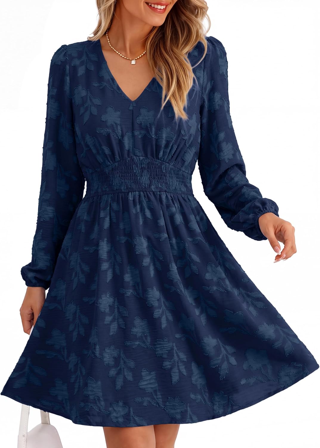 Simplee Womens Fall Long Sleeve Babydoll Wedding Guset Mini Dress | Babydoll Fit,Boho Weatern Short Dress with Pocket,A Line V Neck Flowy,Elastic Waist,Burnout Floral,Cocktail Party