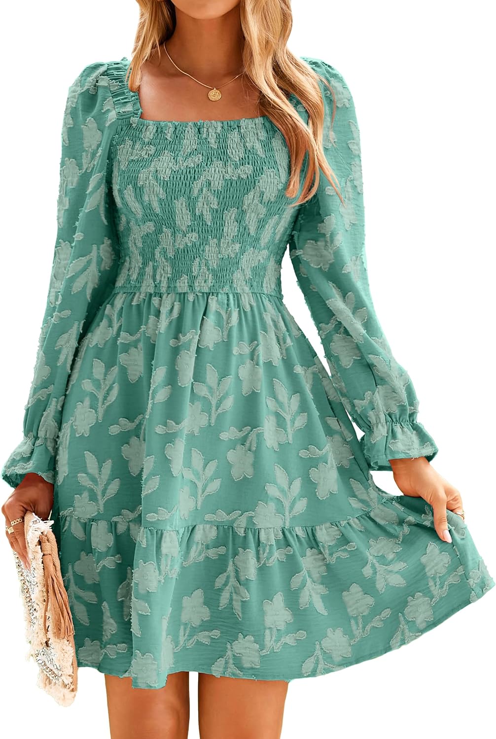 BerryGo Women's Square Neck Fall Long Sleeve Mini Dress Smocked Swing Ruffle Wedding Guest Dress