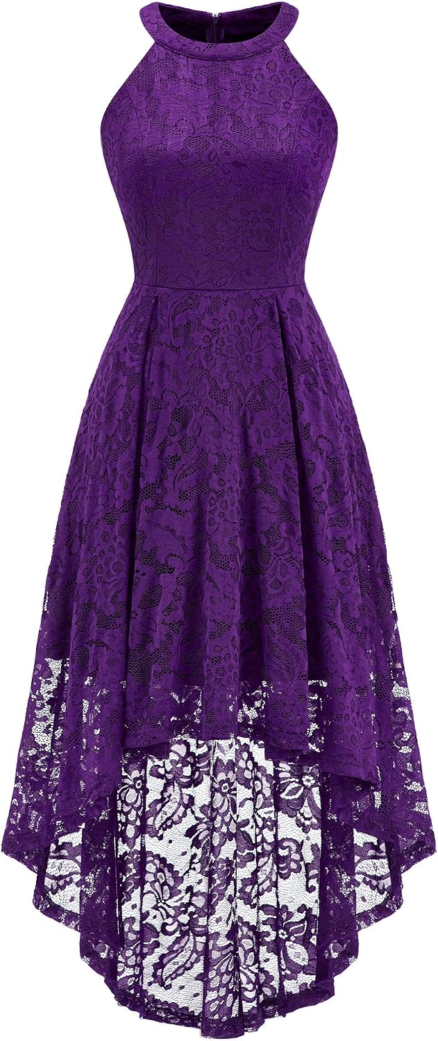 Dressystar Women Halter Lace Hi Lo Wedding Guest Cocktail Formal Dress | Bridesmaid Wedding Dresses,Sleeveless,Halter Top Neckline,High Low Hem,Elegant A line Design,Soft floral Lace Party Dress