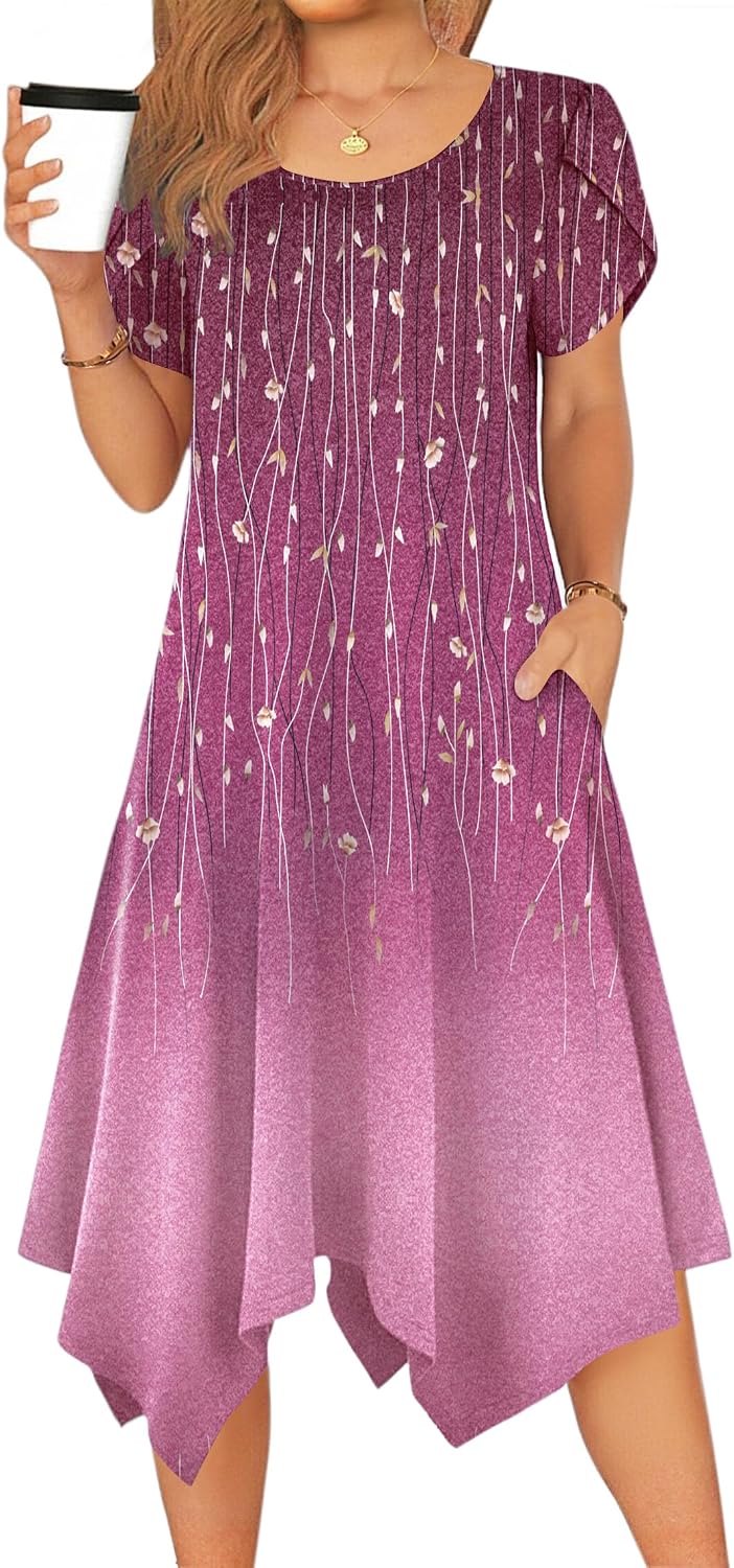 Zeagoo Womens Casual Dress for Summer Loose Hankerchief Flare Midi Sundress | Floral Print, Boho Style, Fall Wedding Guest Dress, A Line,Crew Neck, Side Pockets, Asymmetrical Hem, for Beach, Casual,Daily