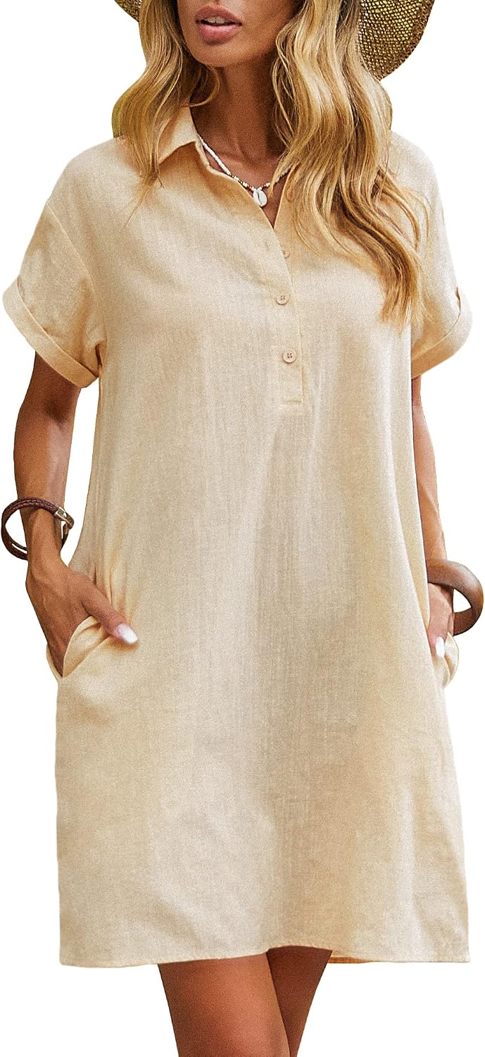 Zeagoo Womens Cotton Shirt Dress Summer Casual Short Sleeve Button Down Beach Cover Up Shirts with Pockets