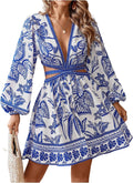 Floerns Women's Tropical Floral Long Sleeve Mini Dress | Cut Out, Bishop Sleeve, V Neck, A Line, Hawaiian Beach Vacation, Summer, Fall Outfits, Resort Wear