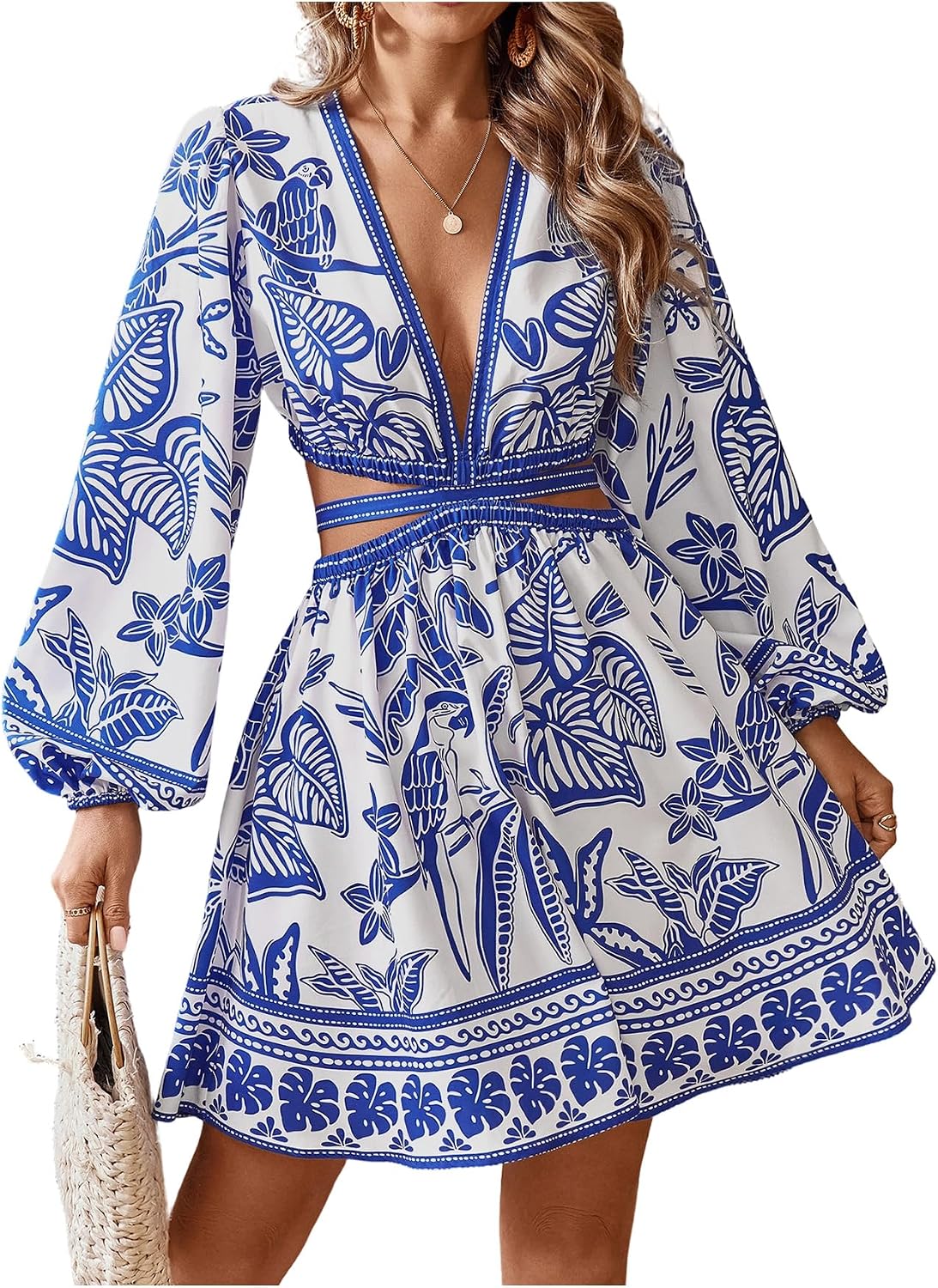 Floerns Women's Tropical Floral Long Sleeve Mini Dress | Cut Out, Bishop Sleeve, V Neck, A Line, Hawaiian Beach Vacation, Summer, Fall Outfits, Resort Wear
