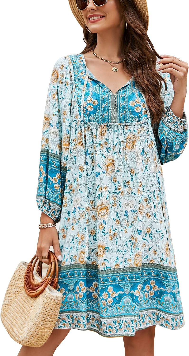 Bluetime Women 3\/4 Sleeve Summer Babydoll Dress | V Neck, Knee Length, Casual Floral Flowy Dress, Outfits for Vacation, Beach, Cocktail, Party, Wedding, Date
