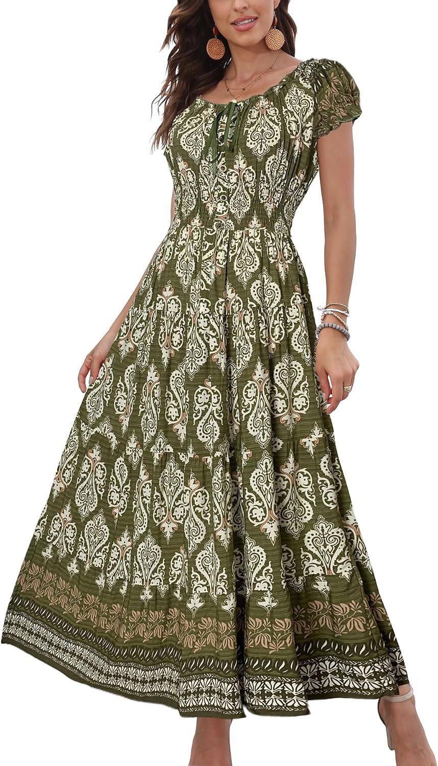 OSTOO Women's 2026 Maxi Dress Short Sleeves Boho Floral Print Tiered Casual Flowy Summer Long Dress