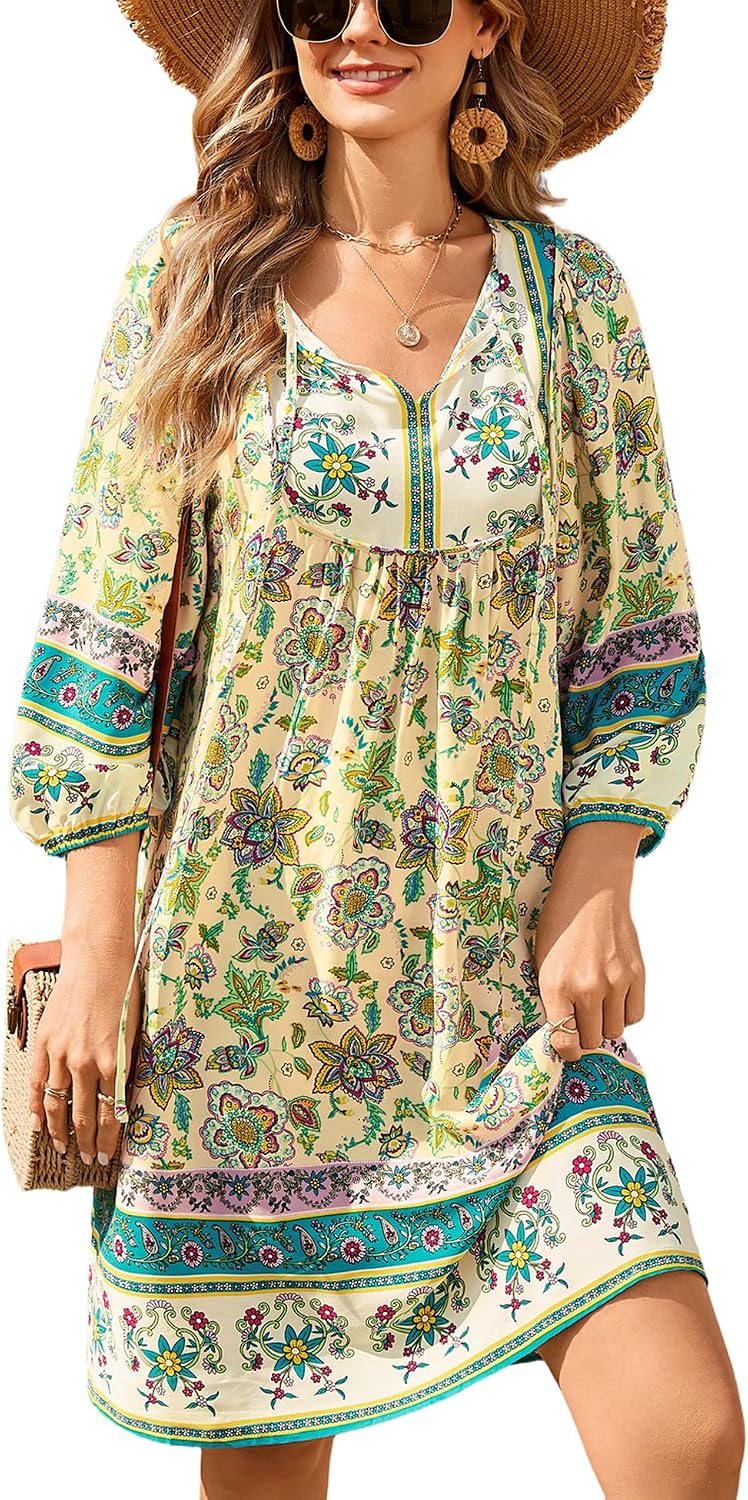 Bluetime Women 3\/4 Sleeve Summer Babydoll Dress | V Neck, Knee Length, Casual Floral Flowy Dress, Outfits for Vacation, Beach, Cocktail, Party, Wedding, Date