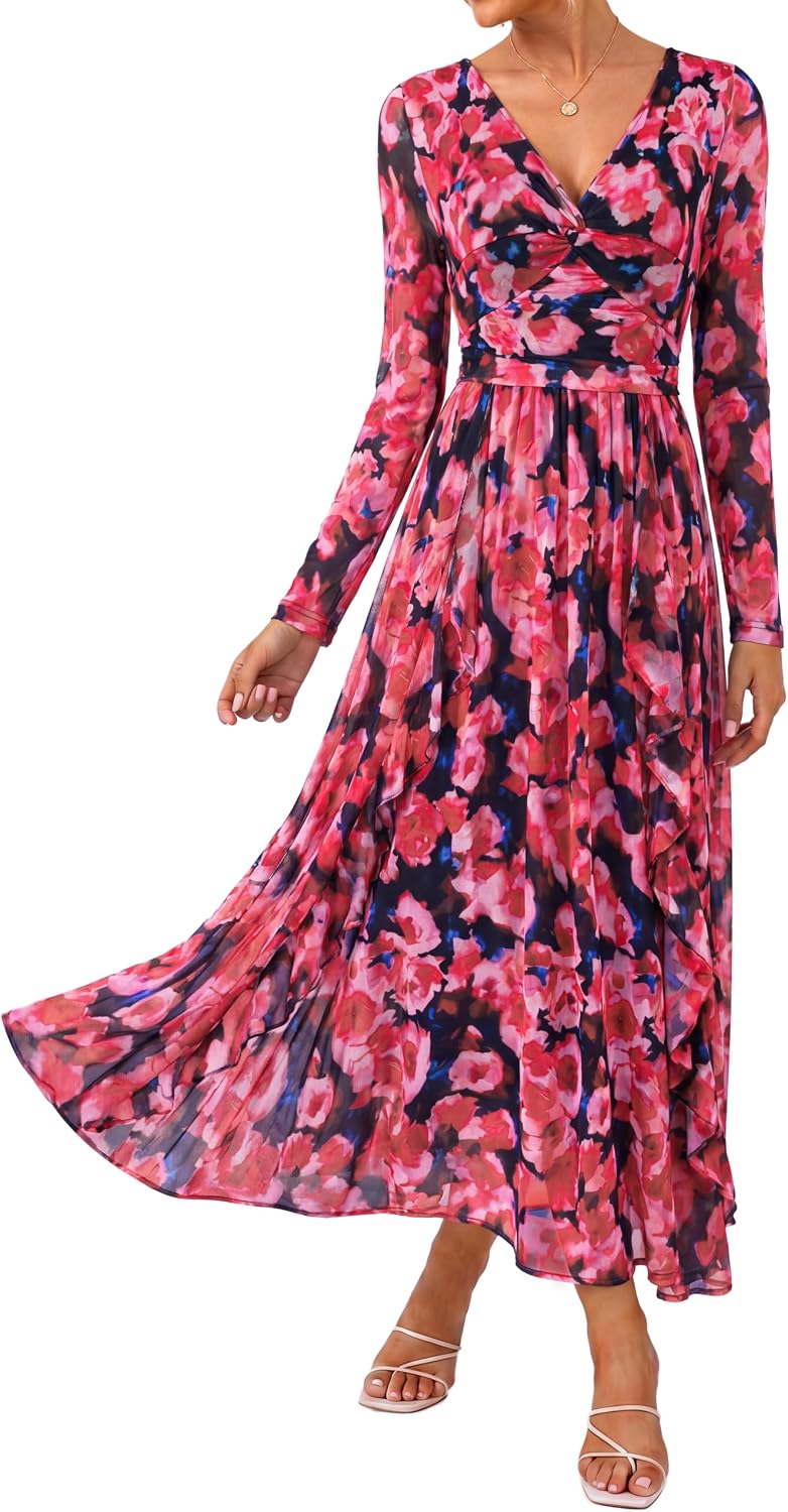GRACE KARIN Women Fall Wedding Guest Long Sleeve Formal Floral Maxi Dress | Flowy A Line Mesh Dress,V Neck Twist Front,Ruffle,Evening Gowns,Bridal Shower,Garden Party,Cocktail,Vacation Clothes