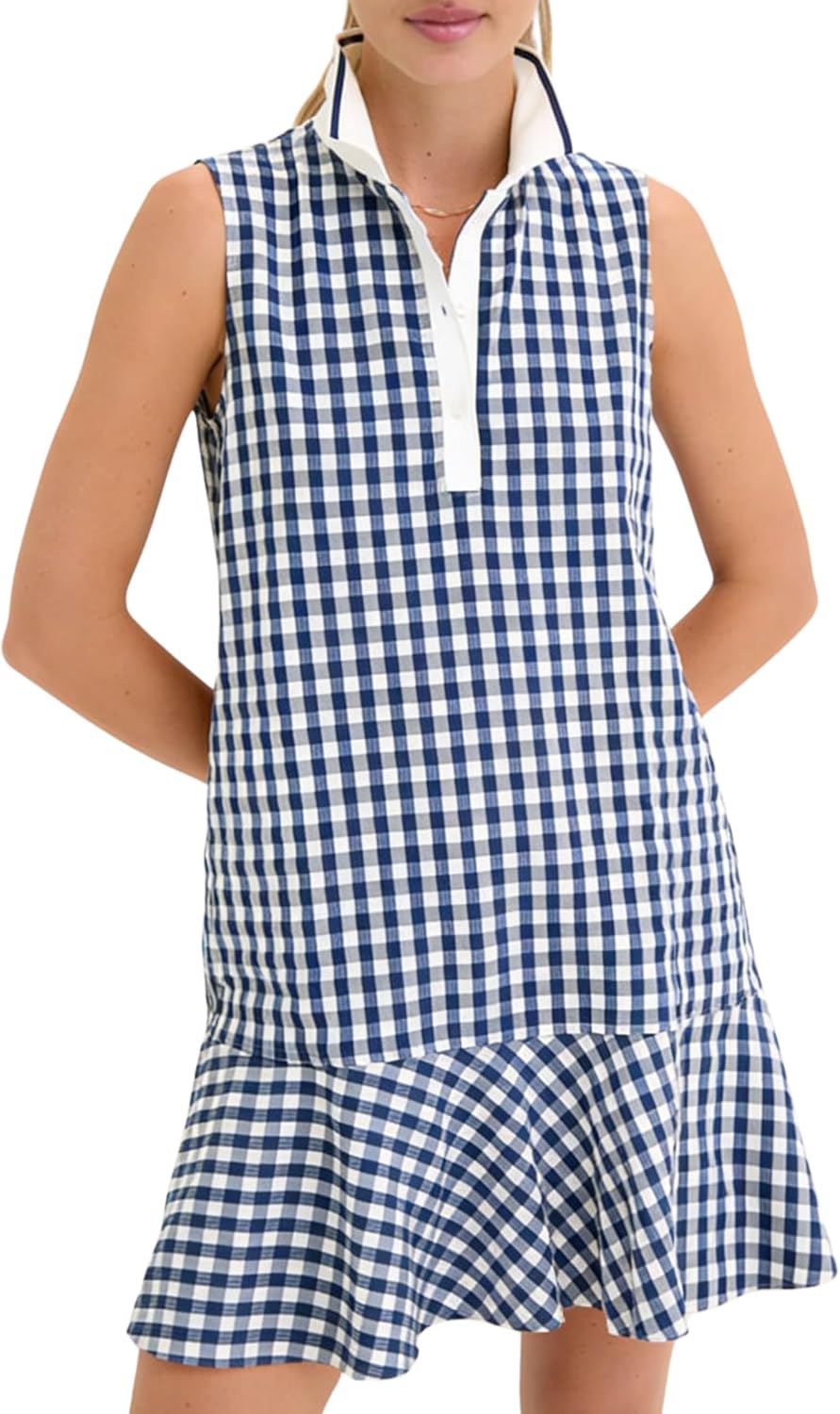 Meyhad Womens Gingham Polo Dress V Neck Sleeveless Ruffled Hem Mini Dresses Plaid Button Front Tennis Dress