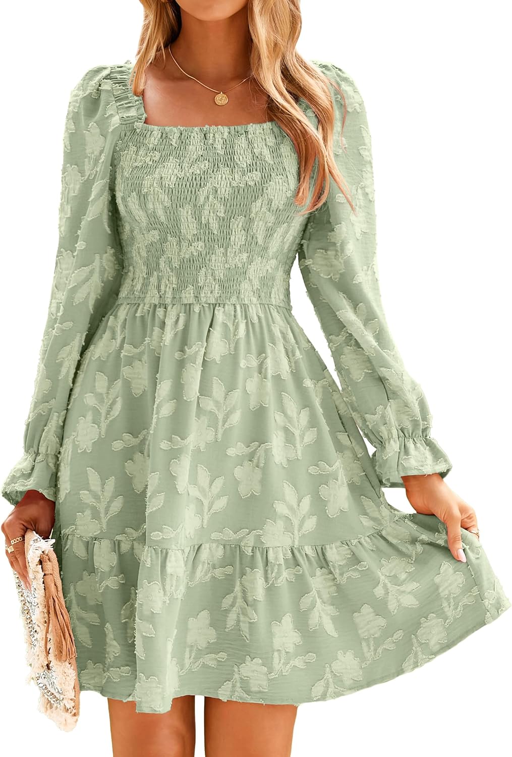 BerryGo Women's Square Neck Fall Long Sleeve Mini Dress Smocked Swing Ruffle Wedding Guest Dress