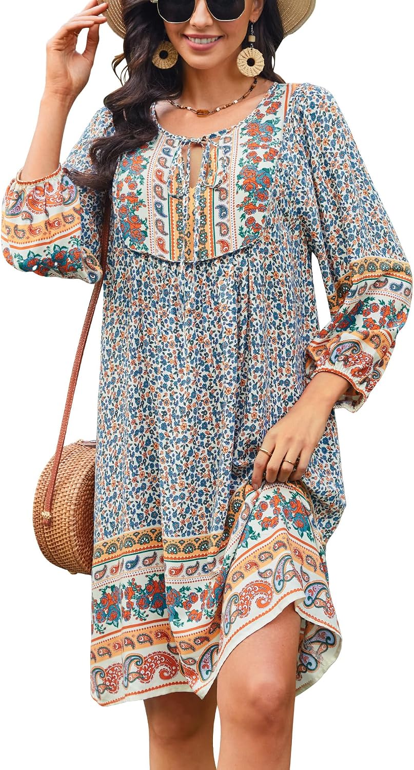 Bluetime Women 3\/4 Sleeve Summer Babydoll Dress | V Neck, Knee Length, Casual Floral Flowy Dress, Outfits for Vacation, Beach, Cocktail, Party, Wedding, Date