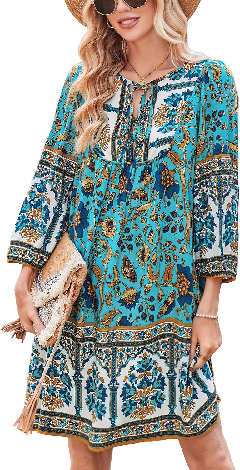 Bluetime Women 3\/4 Sleeve Summer Babydoll Dress | V Neck, Knee Length, Casual Floral Flowy Dress, Outfits for Vacation, Beach, Cocktail, Party, Wedding, Date