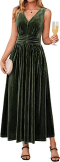 Simplee Womens Velvet Sleeveless Formal Wedding Guest Cocktail Maxi Dress | V Neck High Waist, Fall Winter Holiday Party Prom, Elegant Vintage Long Dress, Bridesmaid, Flowy Casual, Pocket