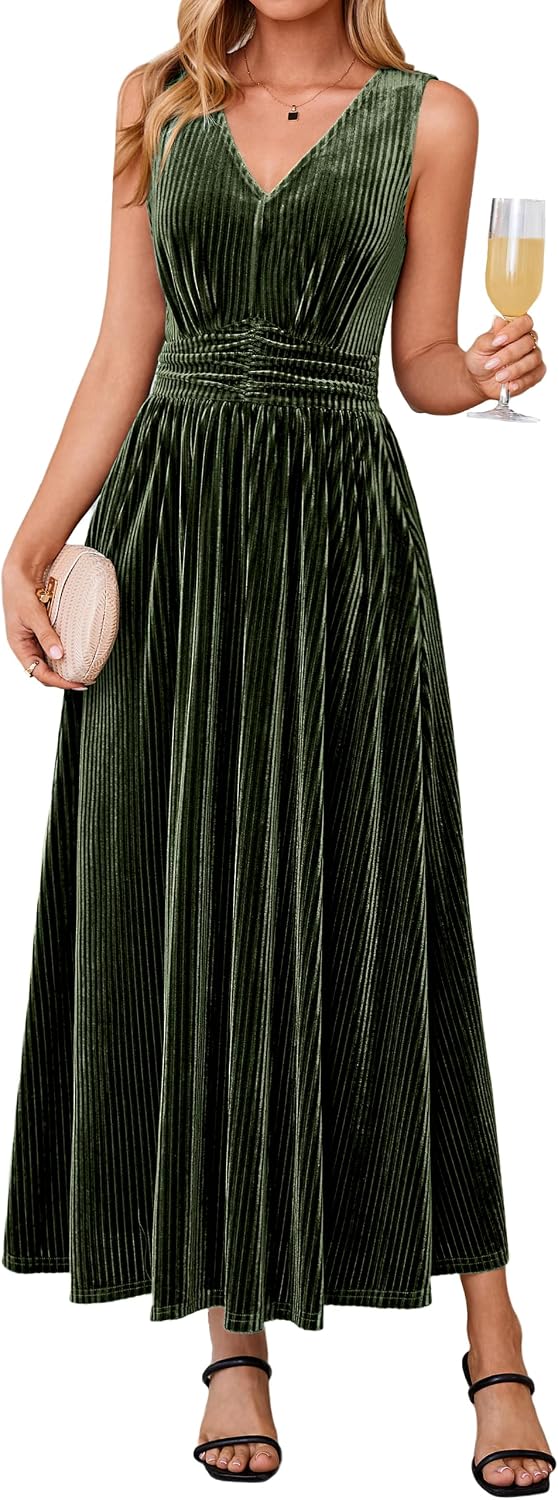 Simplee Womens Velvet Sleeveless Formal Wedding Guest Cocktail Maxi Dress | V Neck High Waist, Fall Winter Holiday Party Prom, Elegant Vintage Long Dress, Bridesmaid, Flowy Casual, Pocket