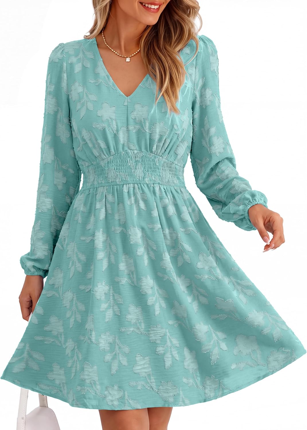 Simplee Womens Fall Long Sleeve Babydoll Wedding Guset Mini Dress | Babydoll Fit,Boho Weatern Short Dress with Pocket,A Line V Neck Flowy,Elastic Waist,Burnout Floral,Cocktail Party