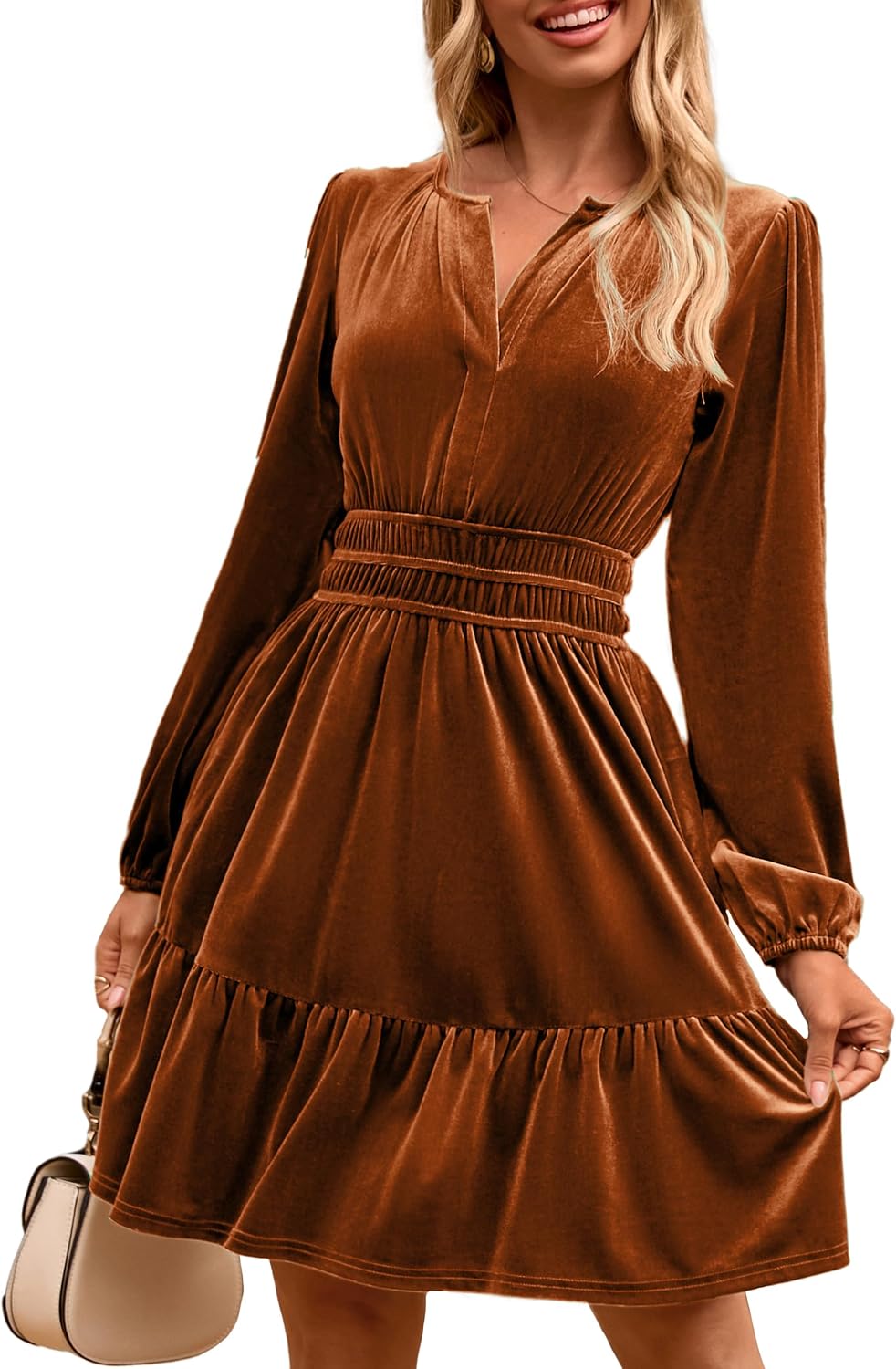 Simplee Womens Velvet Dress 2026 Fall Cocktail Long Sleeve Empire V Neck Wedding Guest Holiday Mini Dresses with Pockets