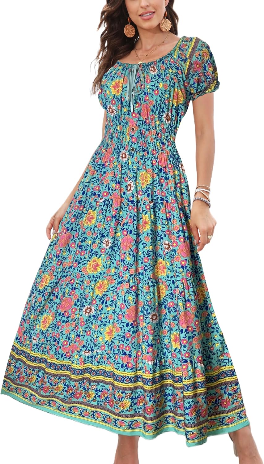OSTOO Women's 2026 Maxi Dress Short Sleeves Boho Floral Print Tiered Casual Flowy Summer Long Dress