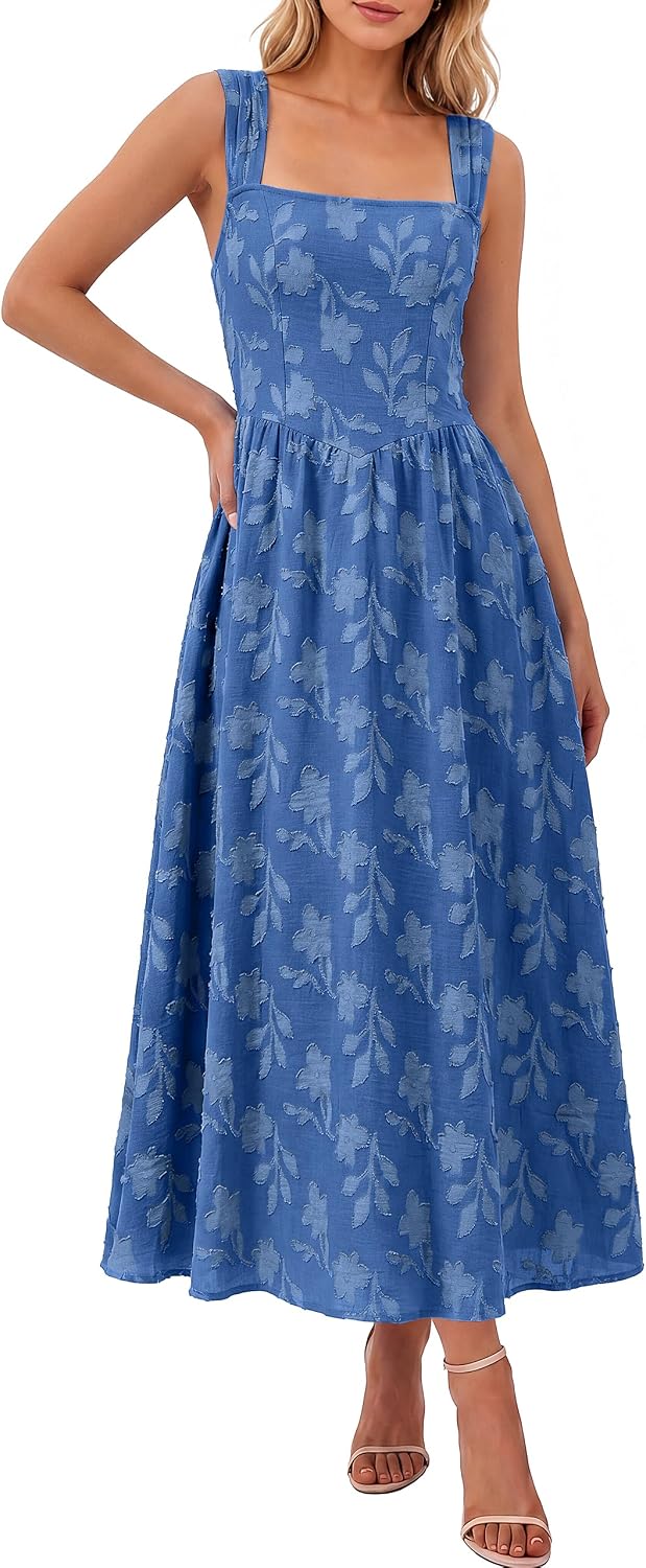 BerryGo Womens Fall Flowy Formal Wedding Guest Maxi Dresses | Sleeveless Square Neck, Jacquard Floral, Summer Boho Beach, Elegant Holiday Party Vacation Maxi Sundress