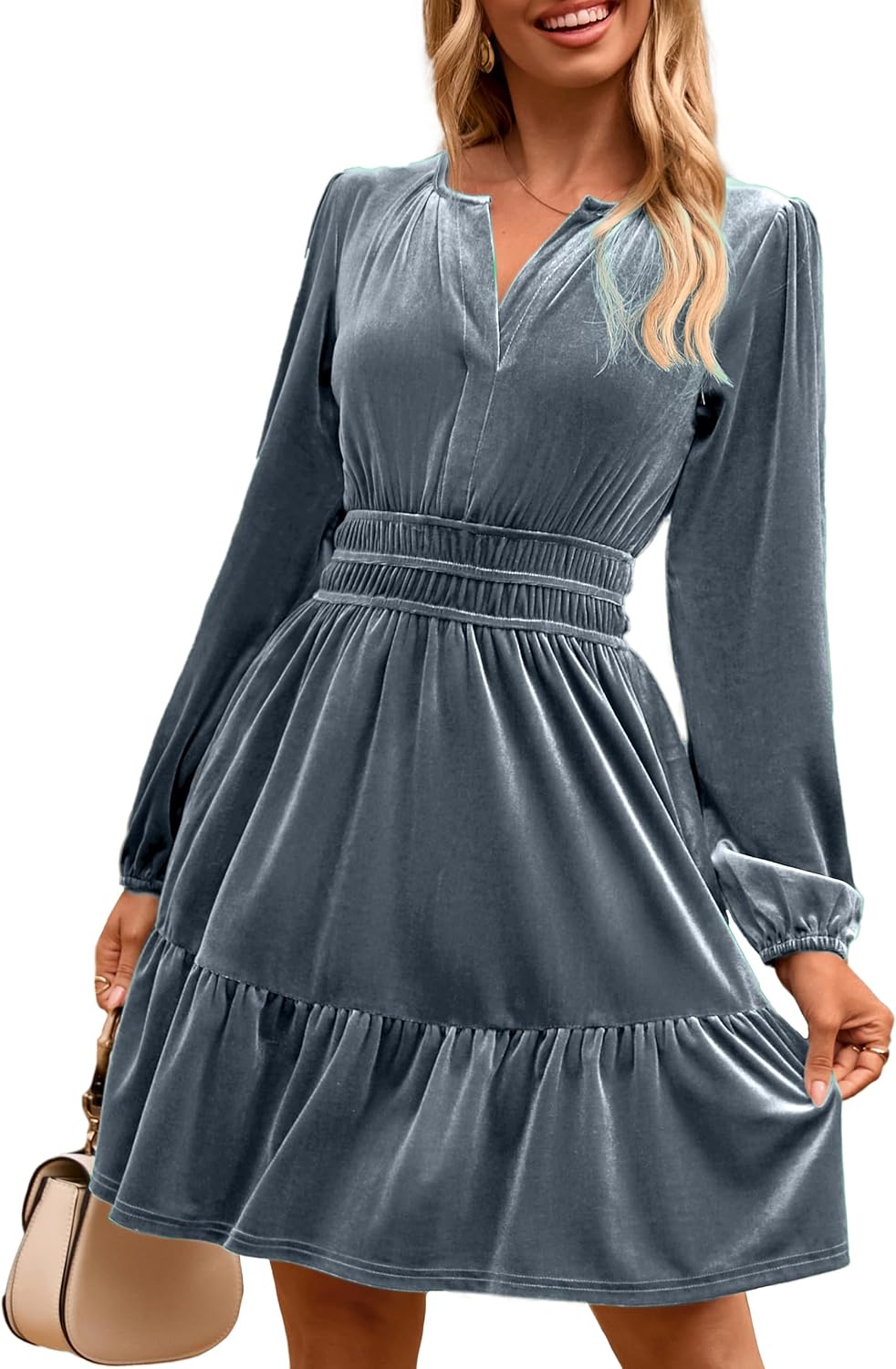 Simplee Womens Velvet Dress 2026 Fall Cocktail Long Sleeve Empire V Neck Wedding Guest Holiday Mini Dresses with Pockets