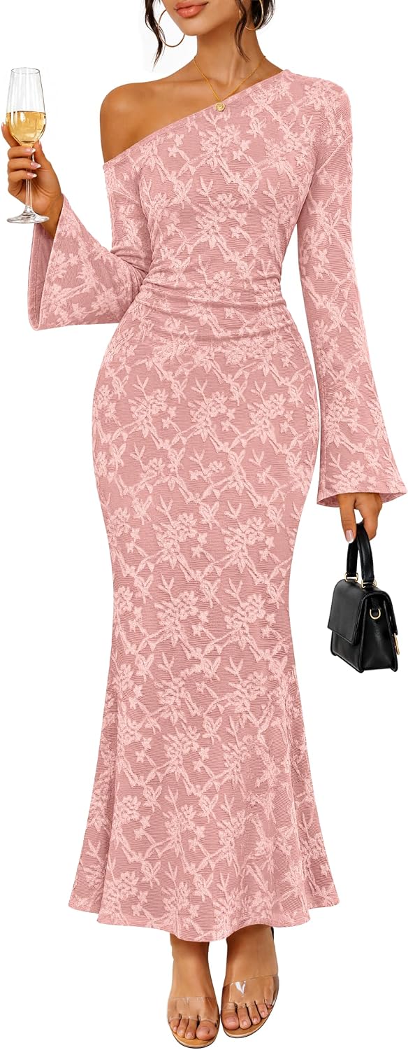 MEROKEETY Women's Lace Off The Shoulder Fall Wedding Guest Cocktail Dress | 2026 Floral, Maxi, Bell Long Sleeve, Maxi, Fitted, Bodycon, Ruched, Lined, Elegant Formal Outfifs, Party, Date Night Dresses