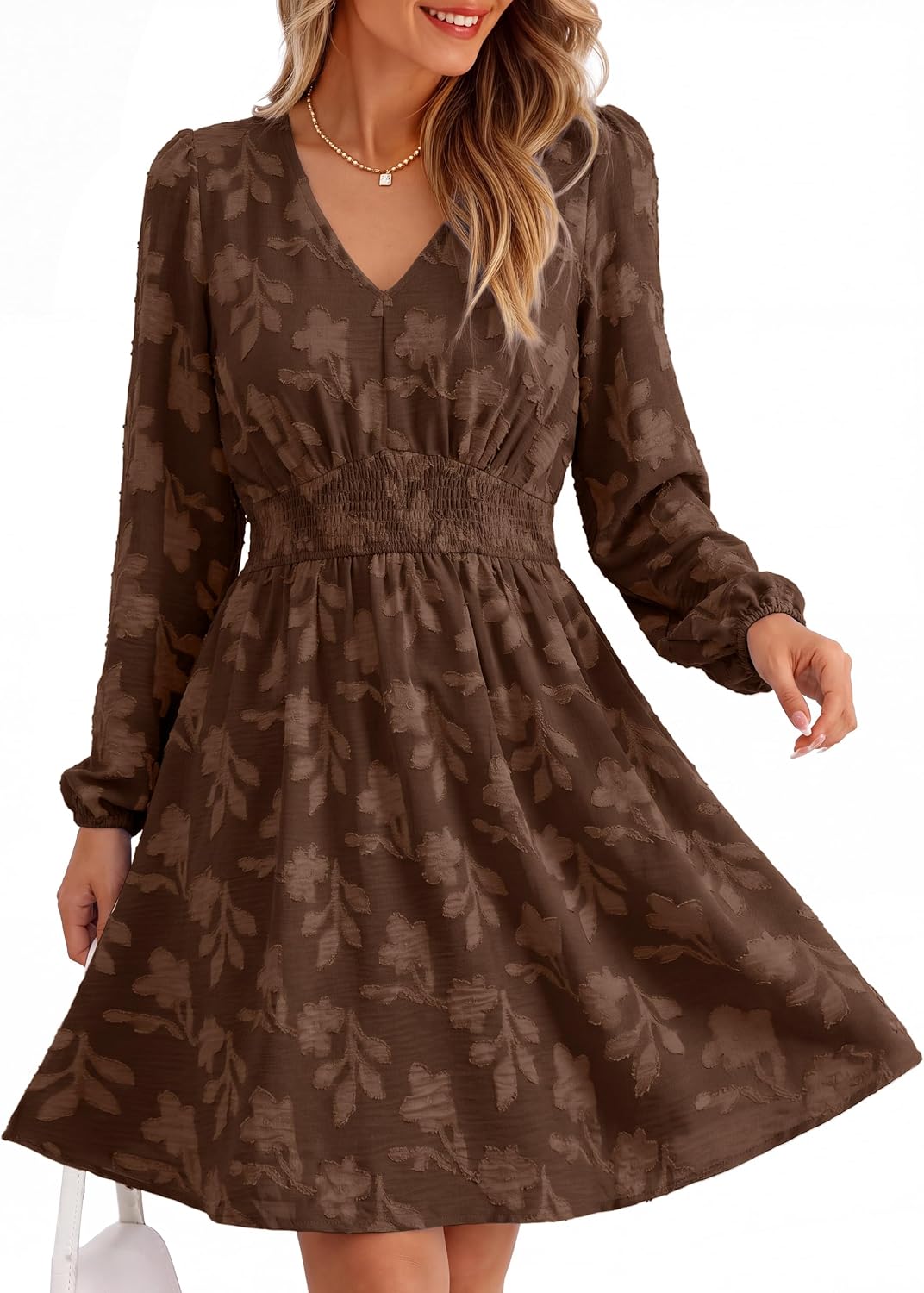Simplee Womens Fall Long Sleeve Babydoll Wedding Guset Mini Dress | Babydoll Fit,Boho Weatern Short Dress with Pocket,A Line V Neck Flowy,Elastic Waist,Burnout Floral,Cocktail Party
