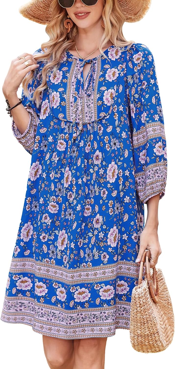 Bluetime Women 3\/4 Sleeve Summer Babydoll Dress | V Neck, Knee Length, Casual Floral Flowy Dress, Outfits for Vacation, Beach, Cocktail, Party, Wedding, Date