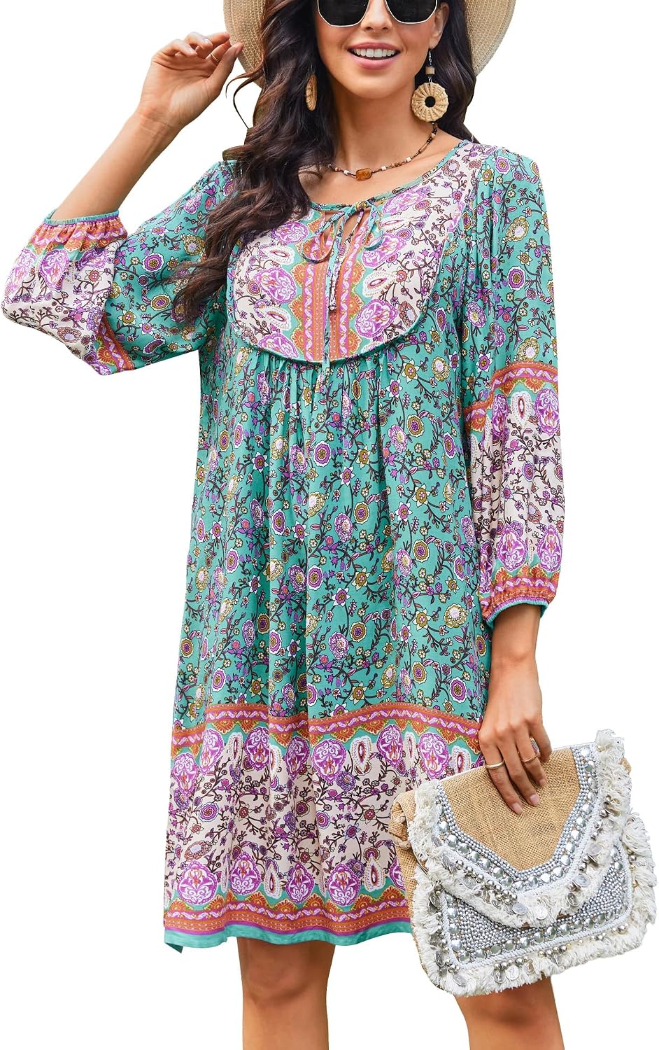 Bluetime Women 3\/4 Sleeve Summer Babydoll Dress | V Neck, Knee Length, Casual Floral Flowy Dress, Outfits for Vacation, Beach, Cocktail, Party, Wedding, Date