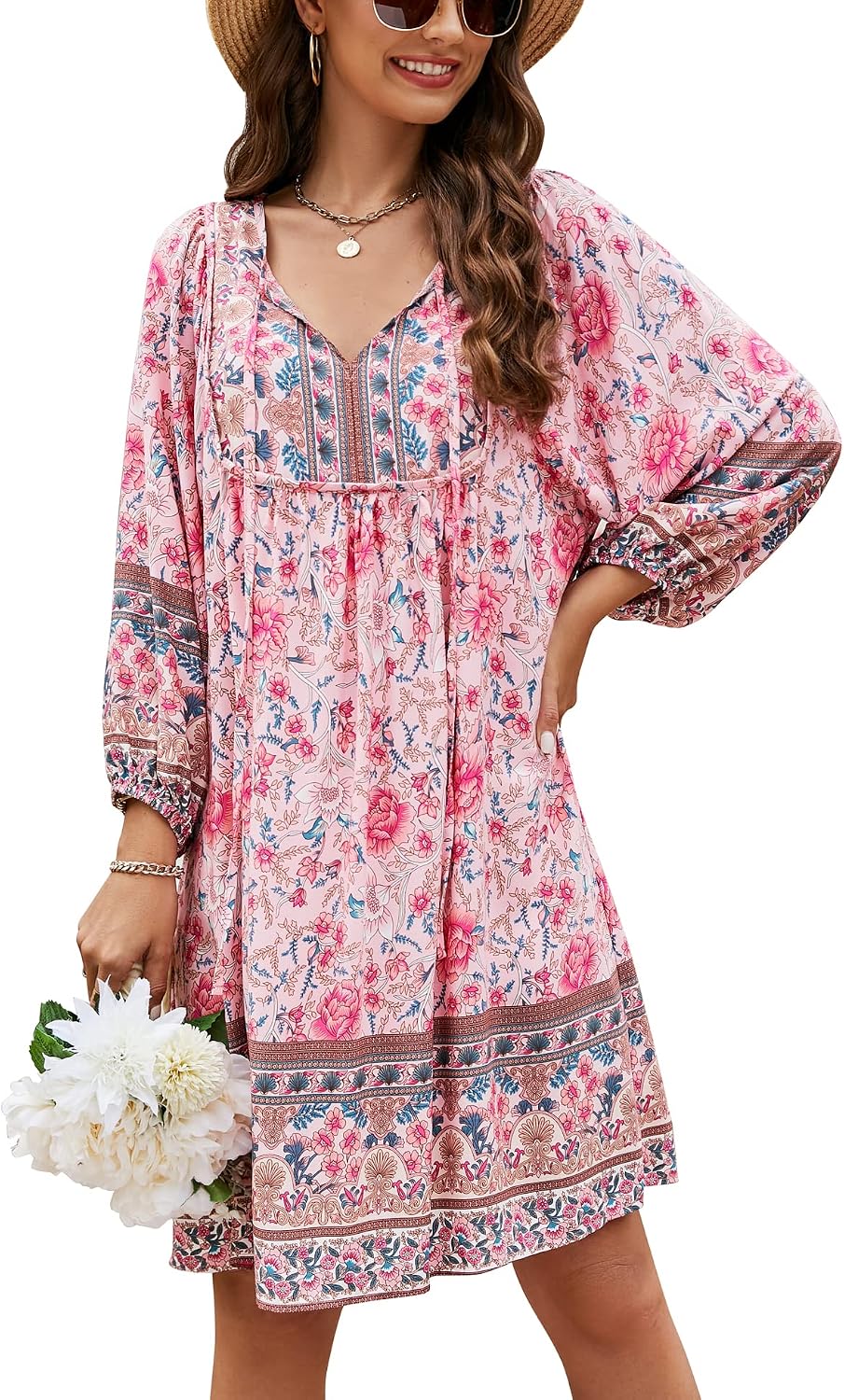 Bluetime Women 3\/4 Sleeve Summer Babydoll Dress | V Neck, Knee Length, Casual Floral Flowy Dress, Outfits for Vacation, Beach, Cocktail, Party, Wedding, Date