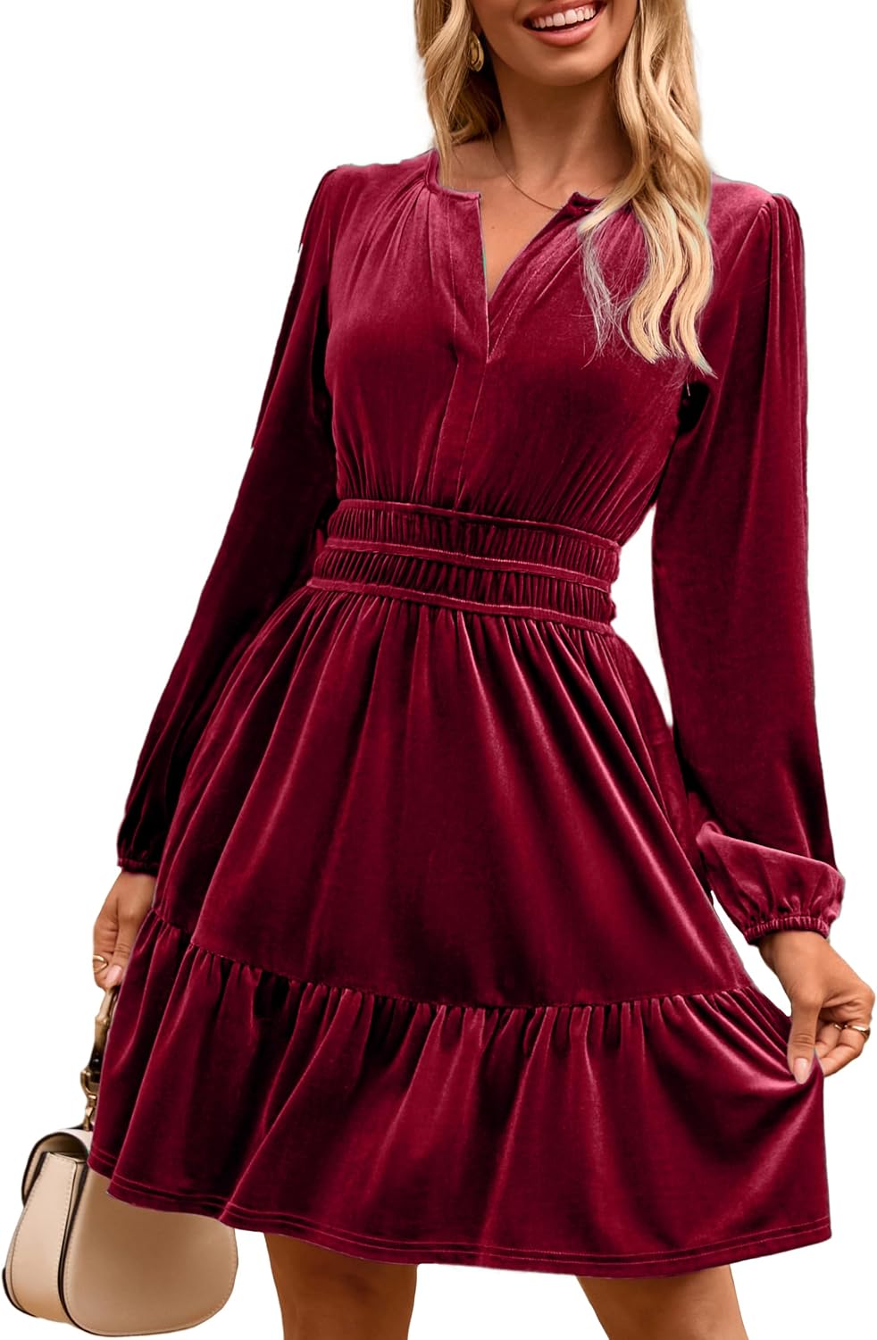 Simplee Womens Velvet Dress 2026 Fall Cocktail Long Sleeve Empire V Neck Wedding Guest Holiday Mini Dresses with Pockets