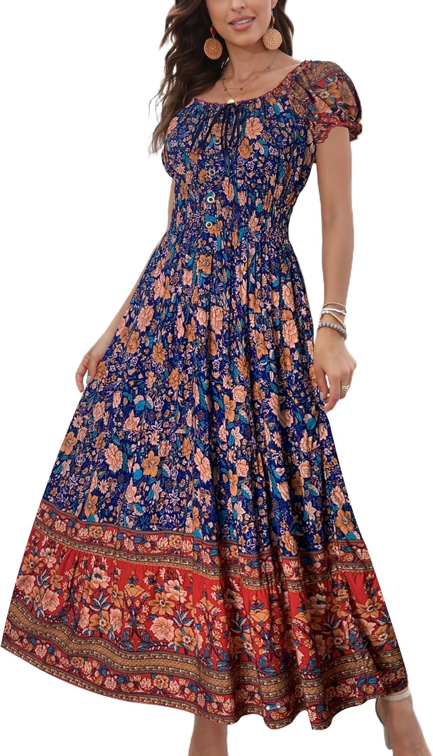 OSTOO Women's 2026 Maxi Dress Short Sleeves Boho Floral Print Tiered Casual Flowy Summer Long Dress