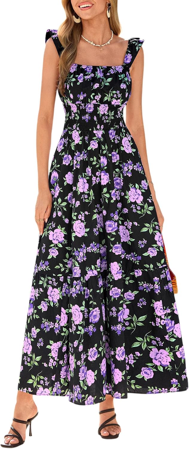 PRETTYGARDEN Women Boho Floral Maxi Sundresses | Square Neck A Line, Ruffle Straps, Smocked Pocket Dress, Flowy Spring Summer Outfit for Wedding Guest, Beach Vacation, Party