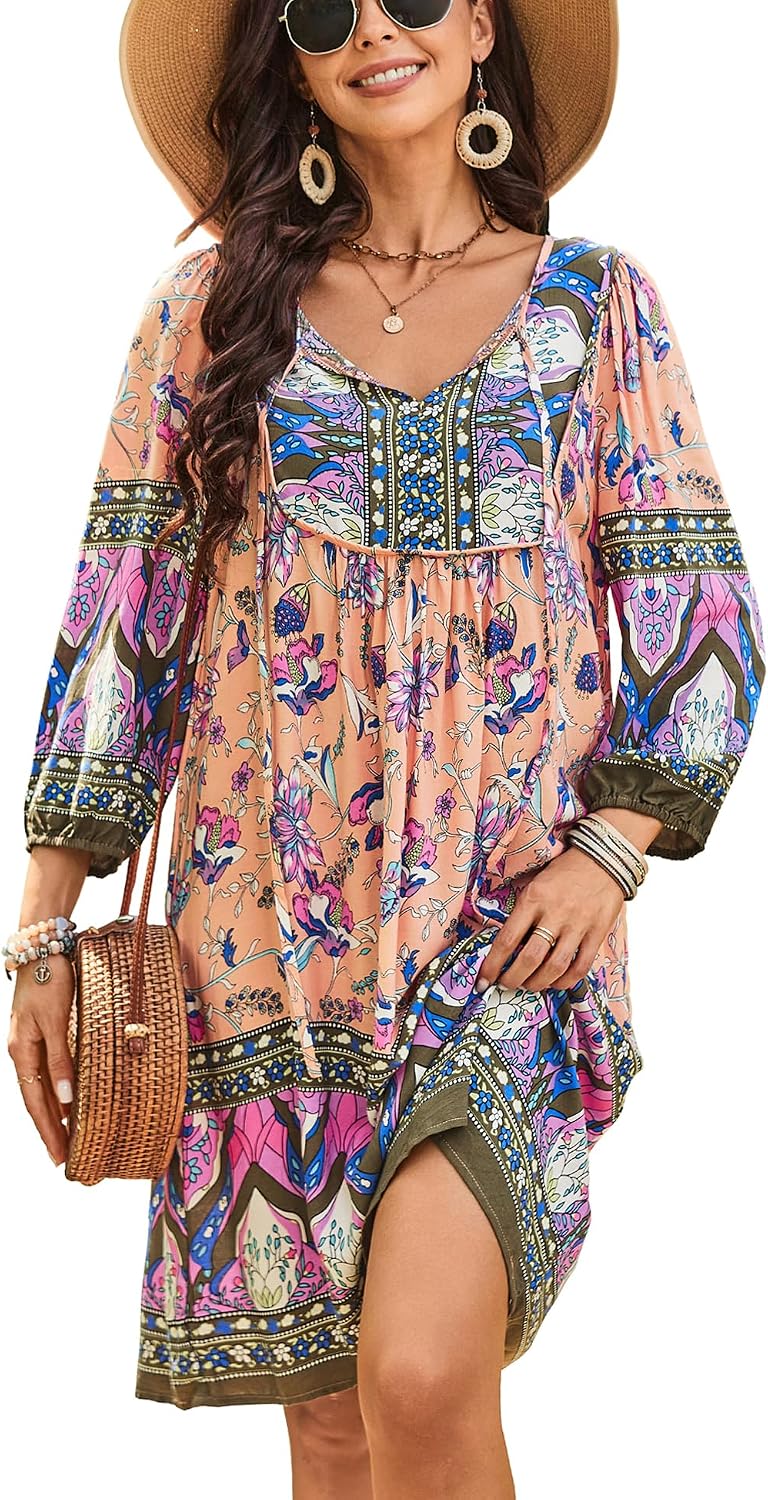 Bluetime Women 3\/4 Sleeve Summer Babydoll Dress | V Neck, Knee Length, Casual Floral Flowy Dress, Outfits for Vacation, Beach, Cocktail, Party, Wedding, Date