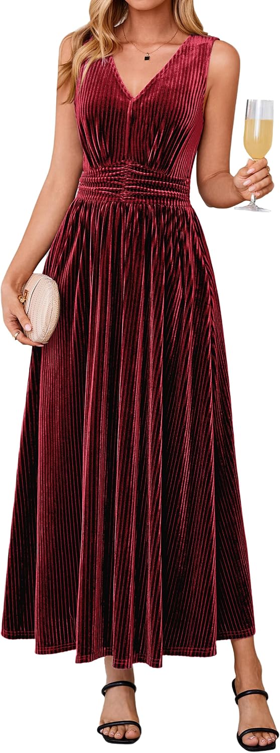 Simplee Womens Velvet Sleeveless Formal Wedding Guest Cocktail Maxi Dress | V Neck High Waist, Fall Winter Holiday Party Prom, Elegant Vintage Long Dress, Bridesmaid, Flowy Casual, Pocket
