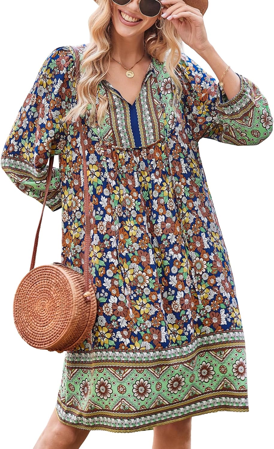 Bluetime Women 3\/4 Sleeve Summer Babydoll Dress | V Neck, Knee Length, Casual Floral Flowy Dress, Outfits for Vacation, Beach, Cocktail, Party, Wedding, Date