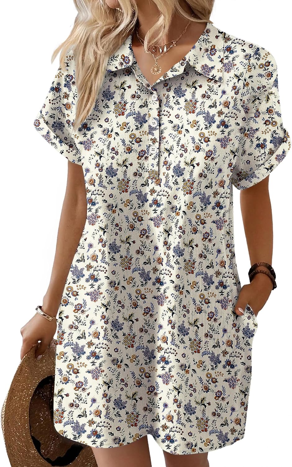 Zeagoo Womens Cotton Shirt Dress Summer Casual Short Sleeve Button Down Beach Cover Up Shirts with Pockets